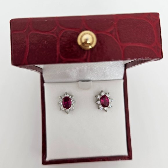 Simulated Ruby Red/White Oval Stud Earrings - Picture 9 of 12